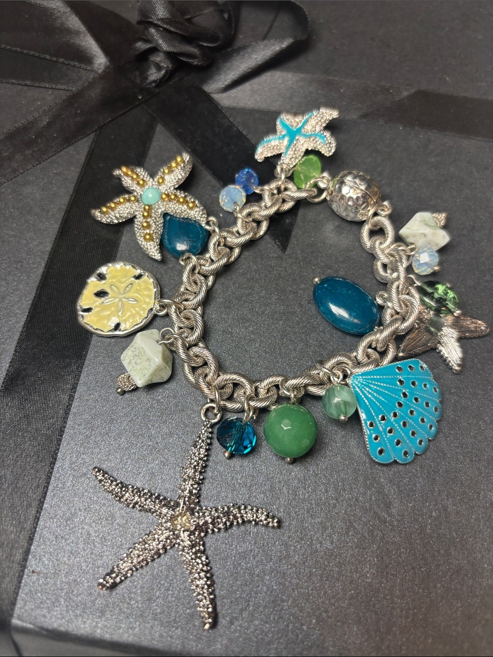 Silver-Tone Beach Charm Bracelet with Turquoise & Green Accents 8 1/2”